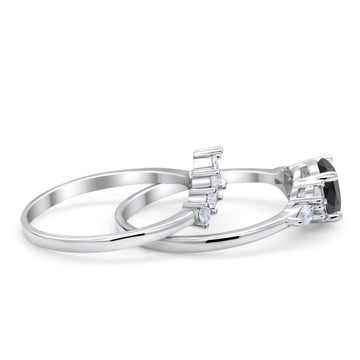 Two Piece Wedding Ring Round Simulated Black CZ 925 Sterling Silver